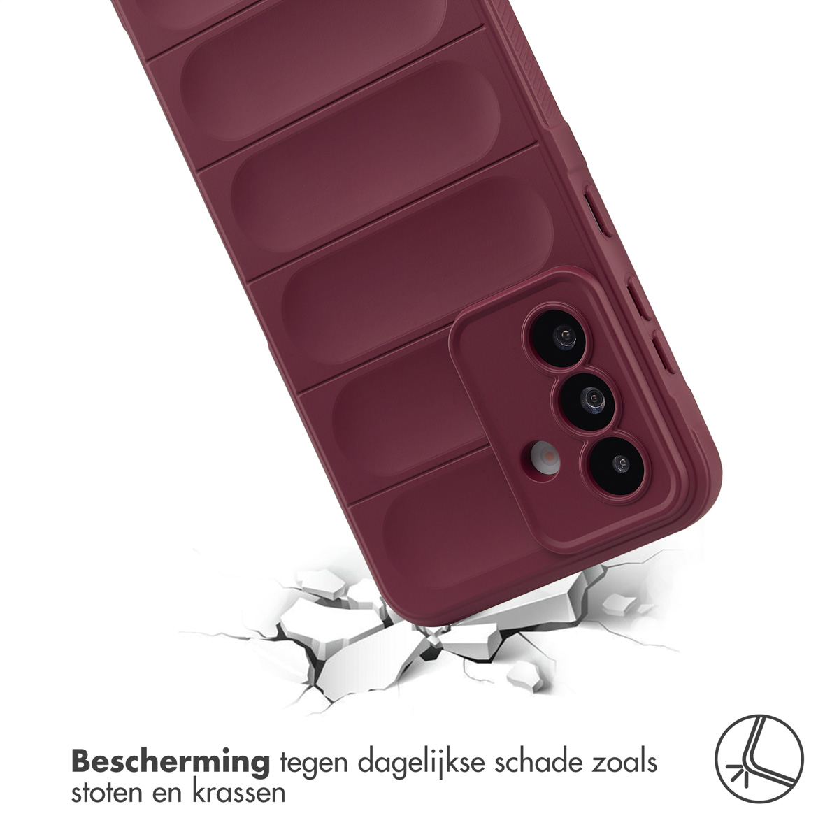 Coque rouge tombant sur une surface blanche cassée. La coque a un design unique.