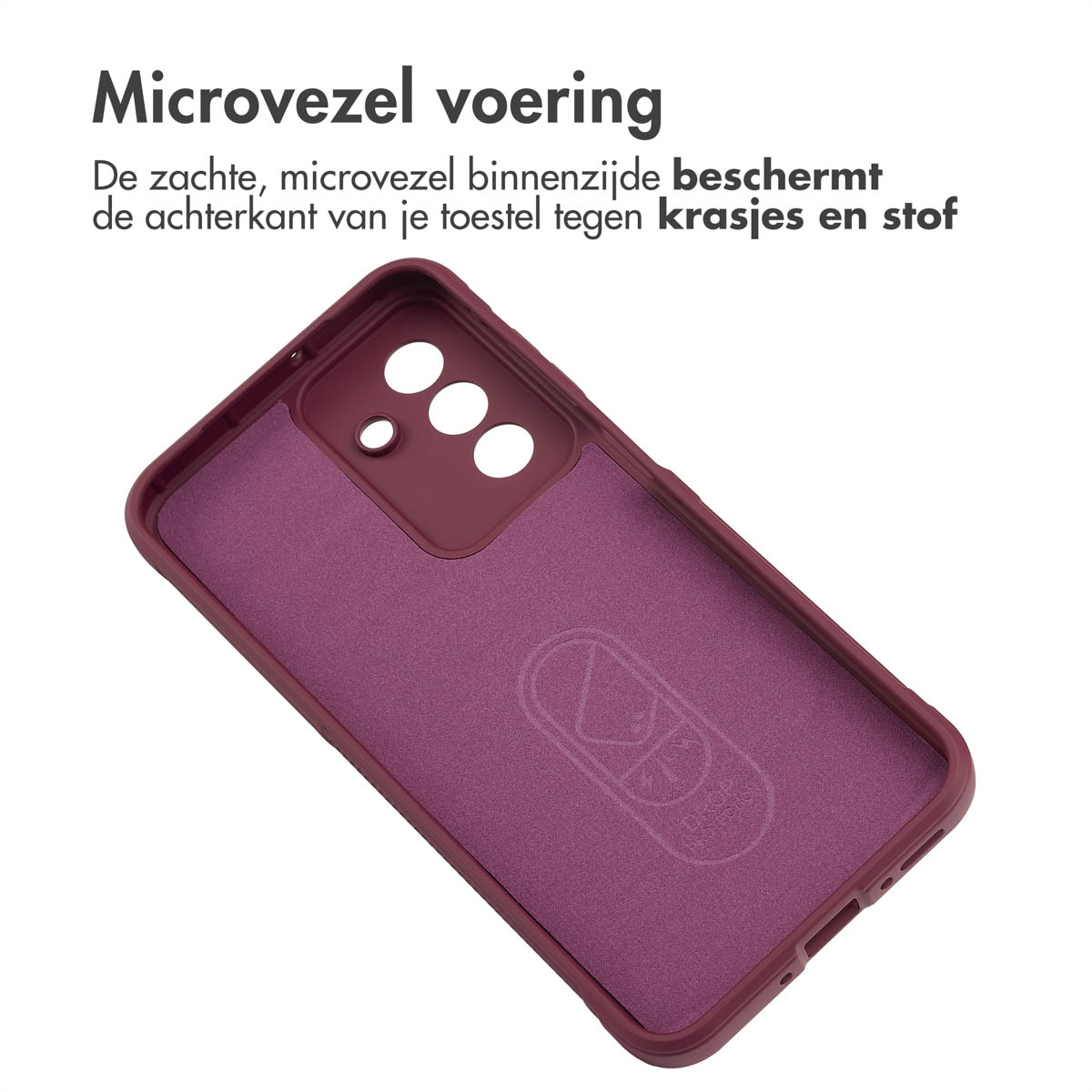 Paarse telefoonhoes binnenkant. Zacht materiaal, beschermend, met logo.