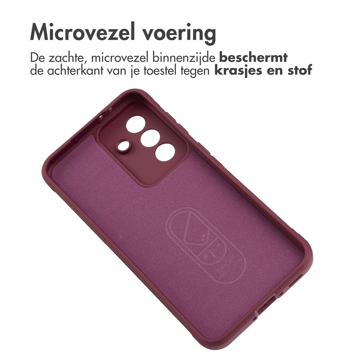 Intérieur d'une coque de téléphone violette. Elle a une doublure en microfibre douce. Le dos du téléphone est à l'intérieur.