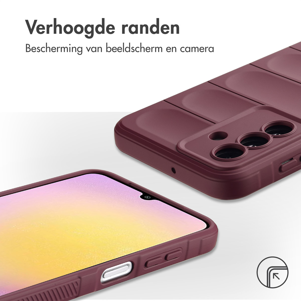 Bordeauxrode telefoonhoes op witte achtergrond. De hoes heeft een uniek design. Scherm zichtbaar.