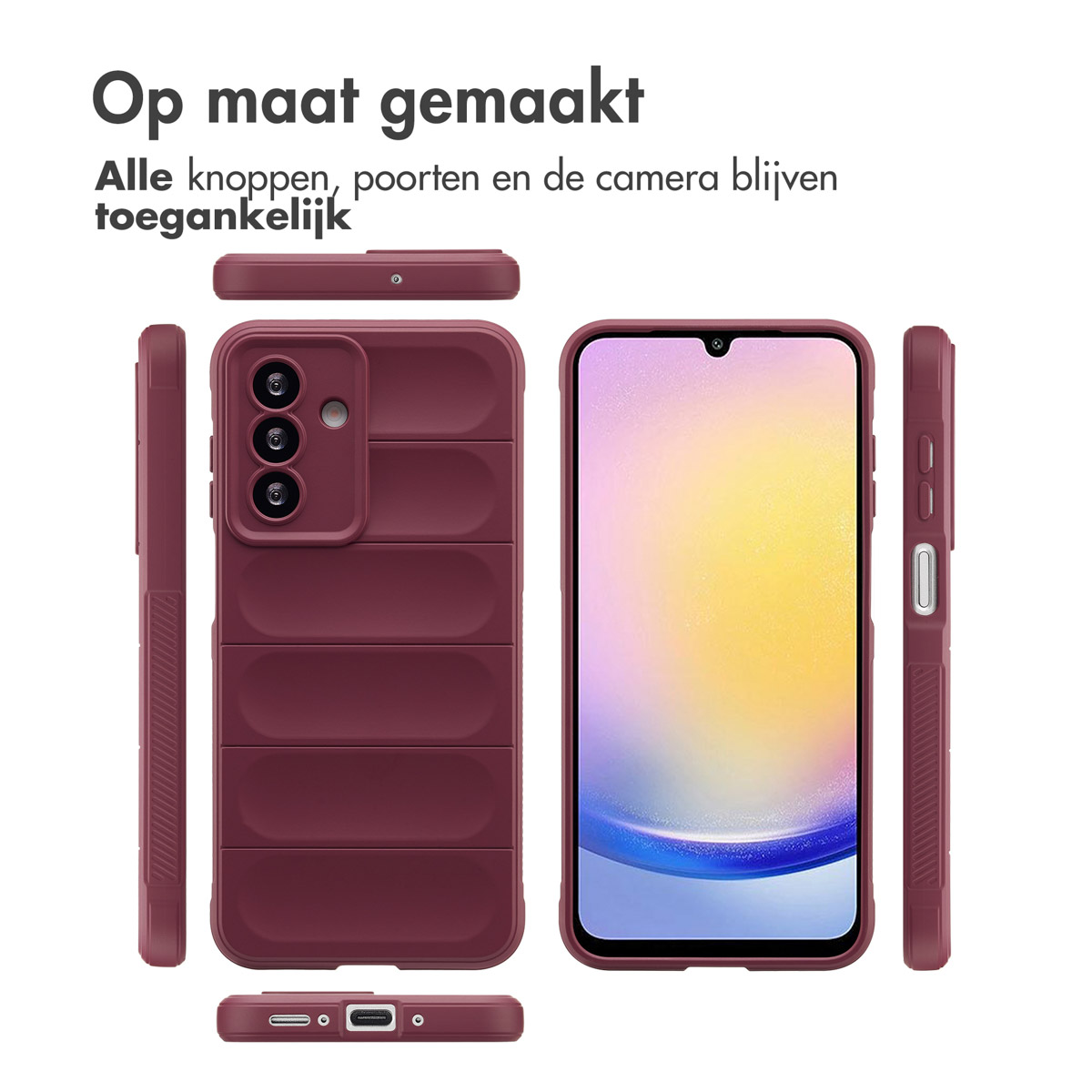 Een bordeauxrood telefoonhoesje met een beschermend ontwerp, met uitsparingen voor knoppen en camera.