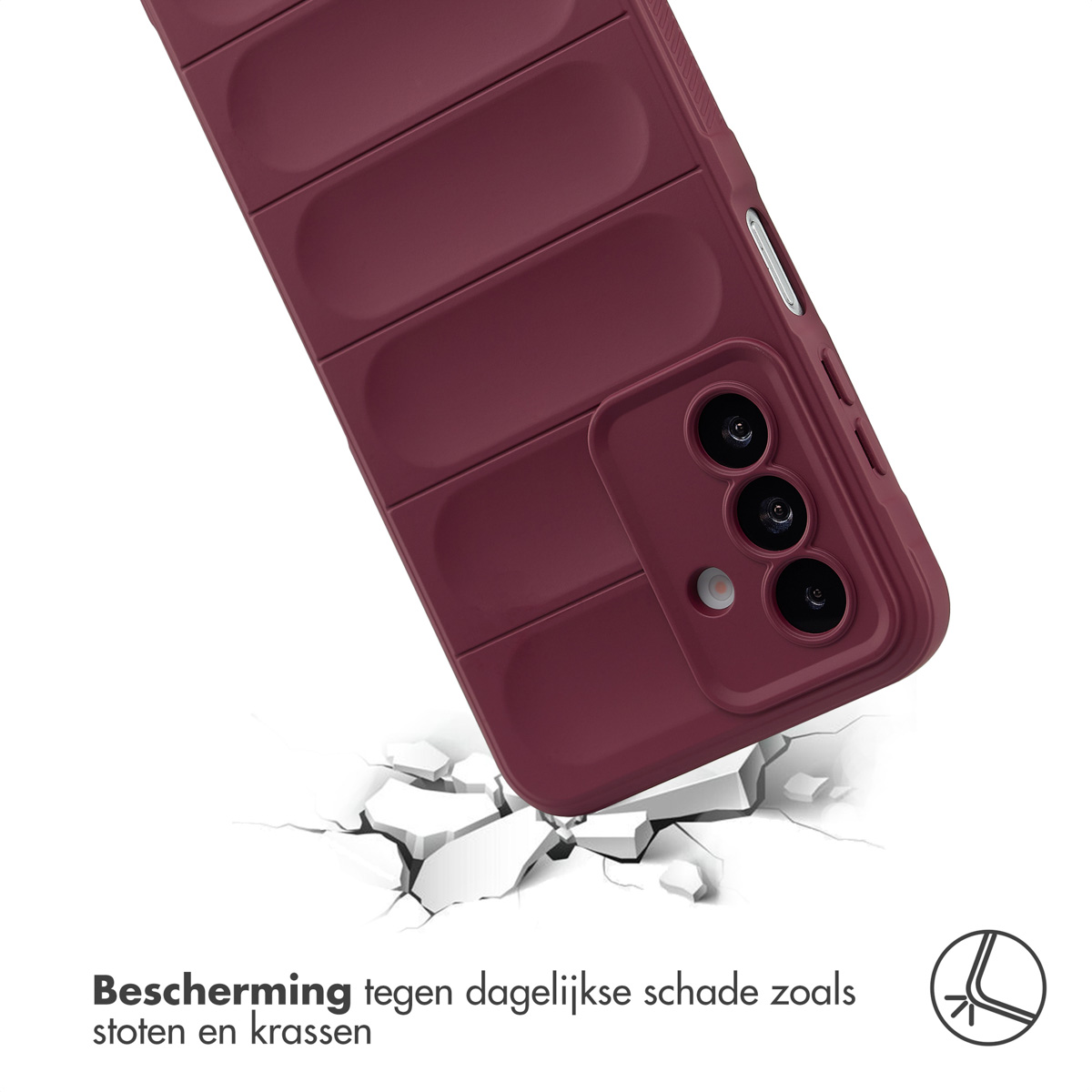 Bordeaux telefoonhoesje met een gebarsten oppervlak eronder. Tekst: Bescherming tegen dagelijkse schade zoals stoten en krassen.