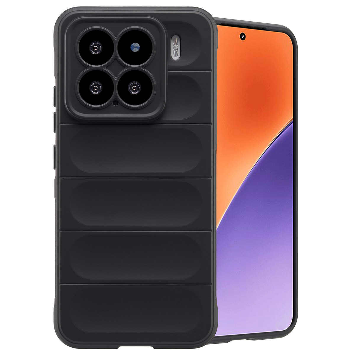 Coque de téléphone noire avec bosse de caméra sur fond blanc avec smartphone.