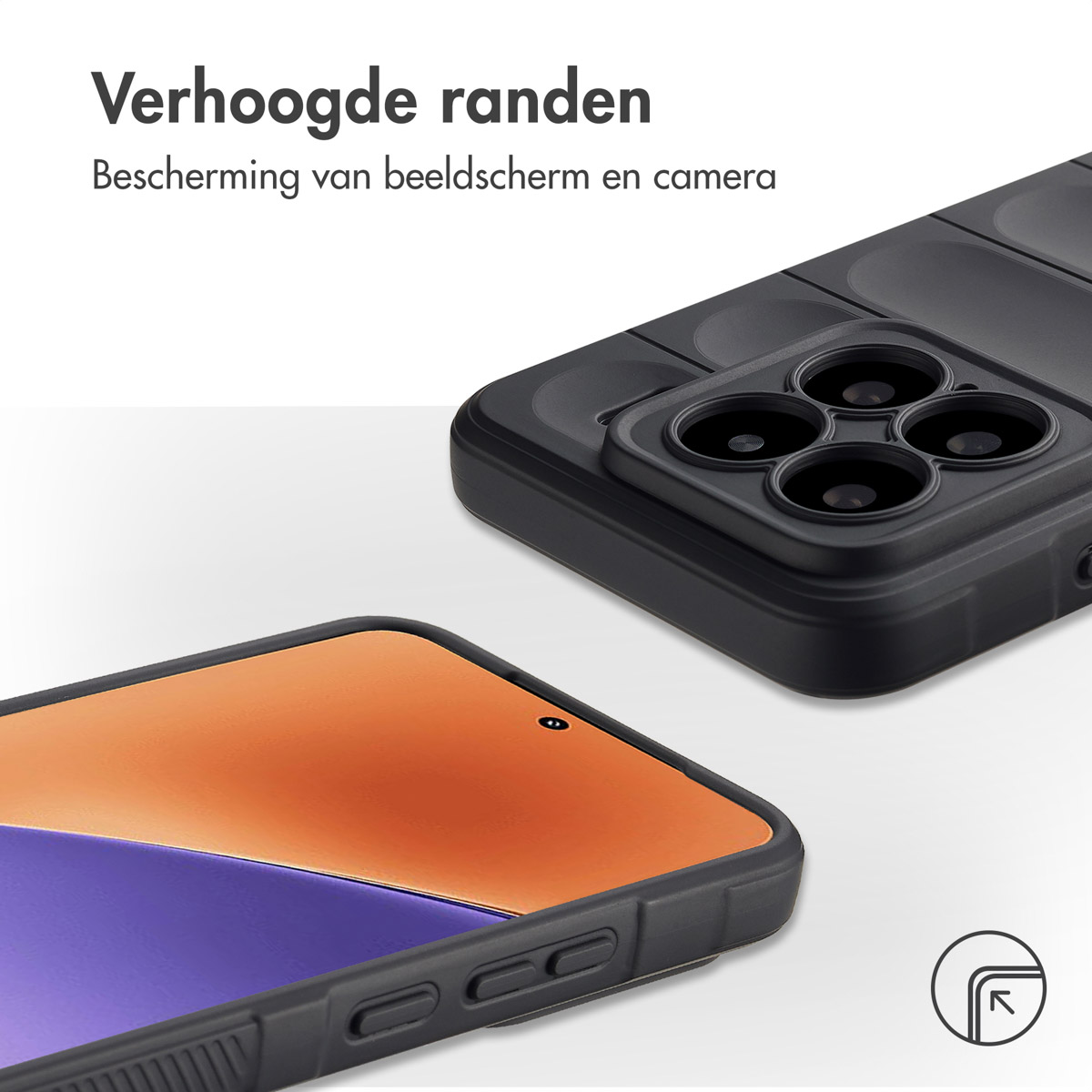 Coque de téléphone noire avec bords surélevés. Téléphone avec écran. Texte en bas, symbole d'angle.
