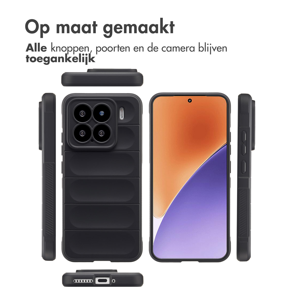 Coque de téléphone noire avec un design texturé. Le téléphone et l'étui sont présentés sous plusieurs angles.
