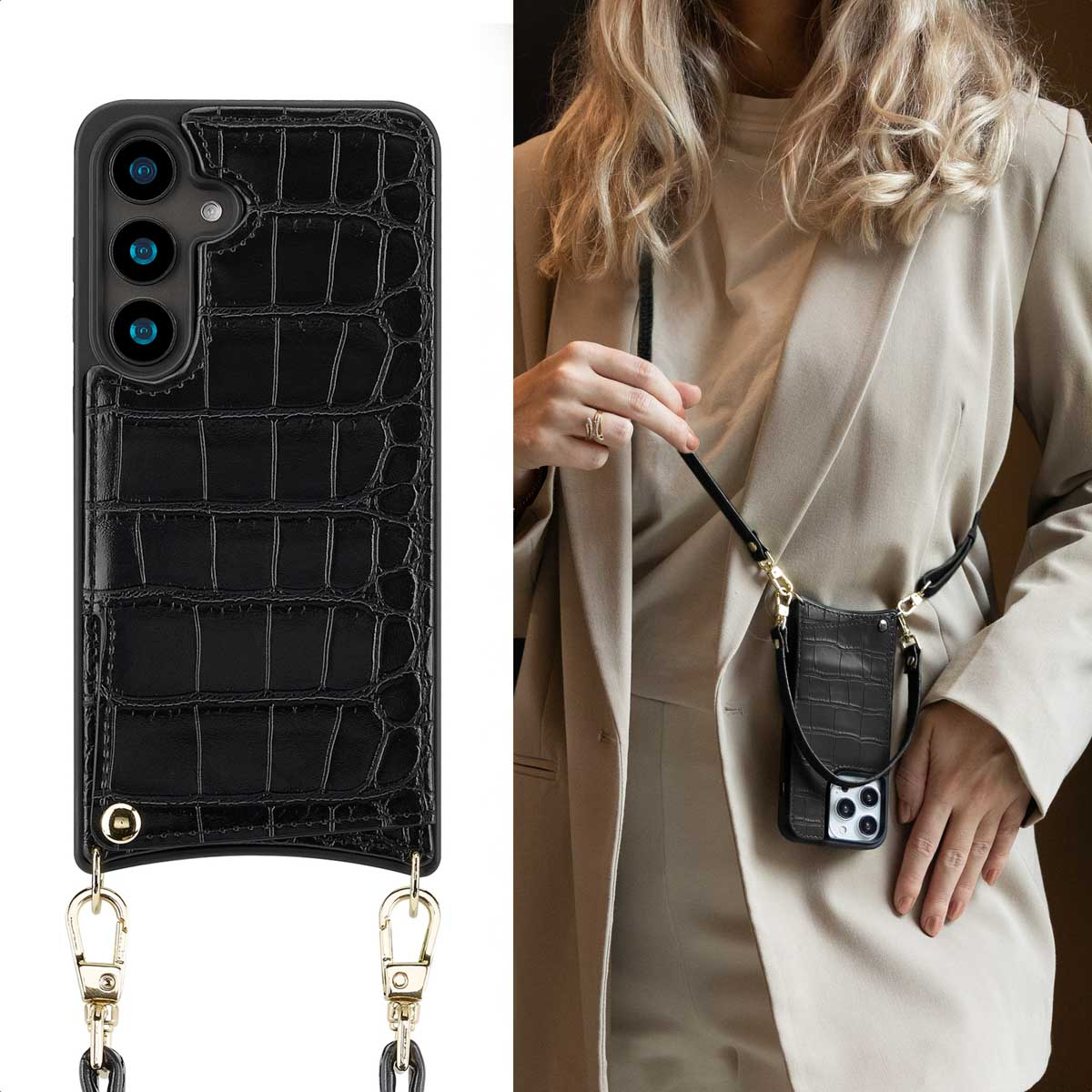 Een persoon in een beige blazer houdt een zwarte telefoonhoes met krokodillenpatroon vast, met een zwarte band.