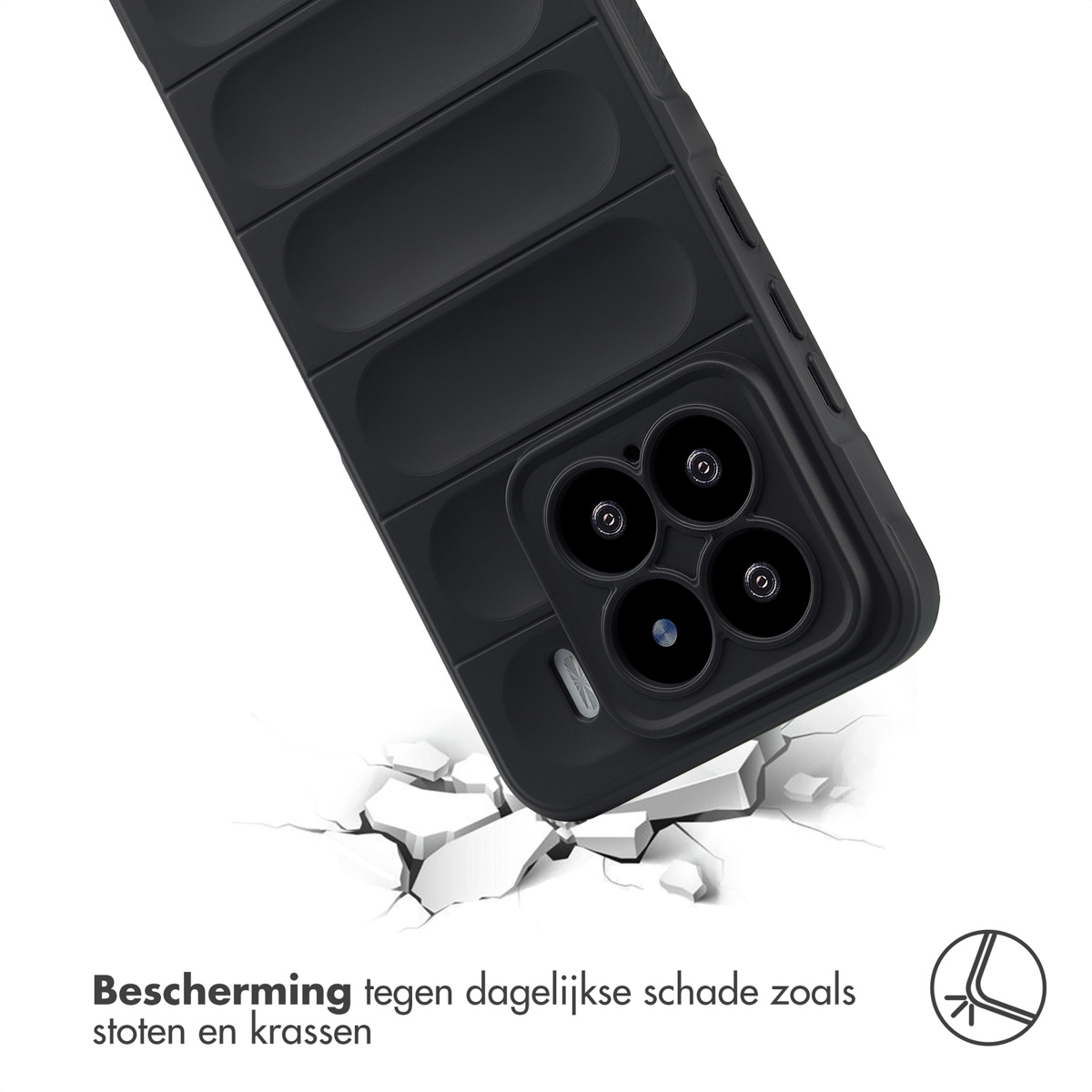 Coque de téléphone noire avec un design matelassé. La coque tombe et une fissure se forme en dessous.