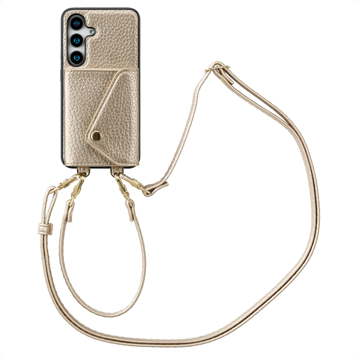 Un étui de téléphone en cuir doré avec une sangle, avec une sangle dorée, isolé sur fond blanc.