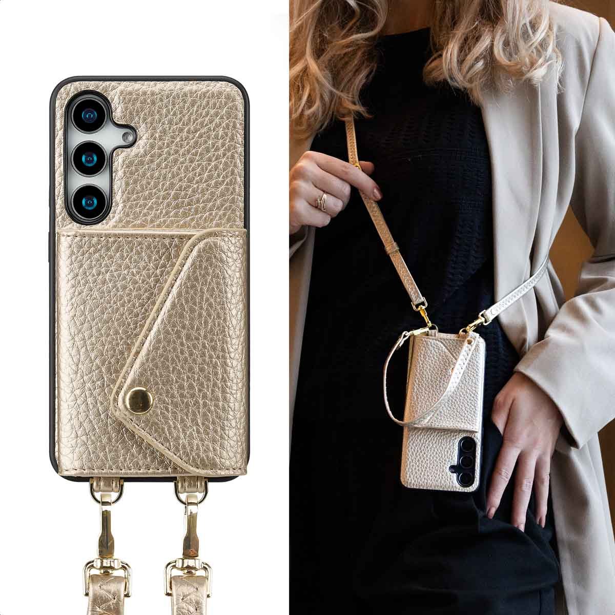 Une femme portant un étui de téléphone doré avec porte-cartes et sangle.
