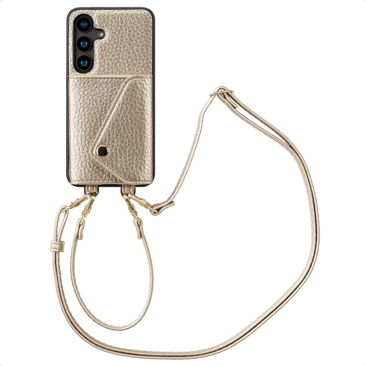 Gouden telefoonhoesje met bevestigde riem en etui. Witte achtergrond.