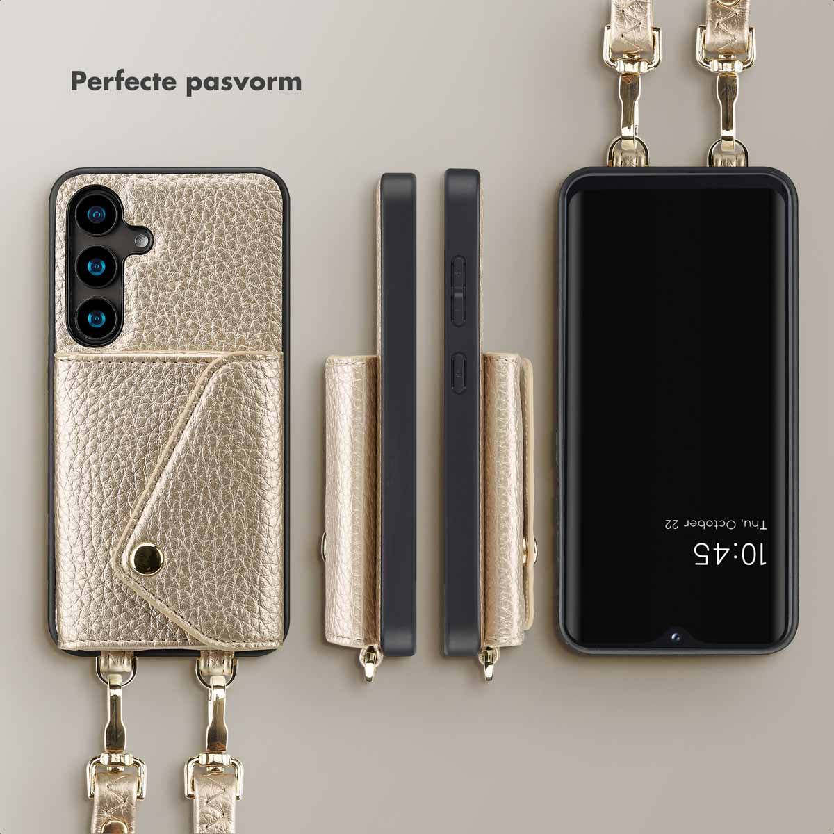 Gouden telefoonhoes met riem en een portefeuille in envelopstijl. Telefoon zit in de hoes.