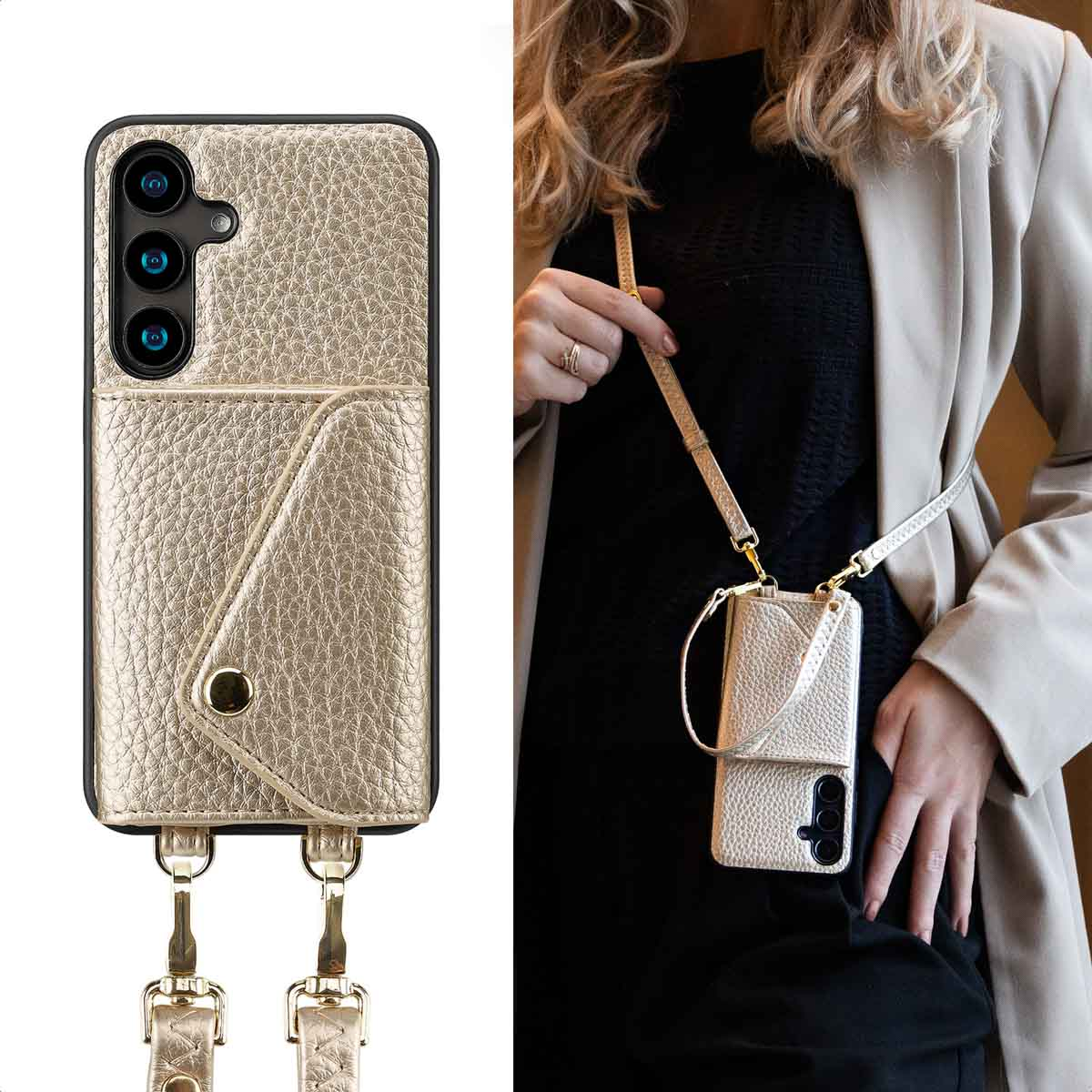 Vrouw met gouden telefoonhoesje. Telefoon met zakje en riem. Licht jasje en zwarte top.