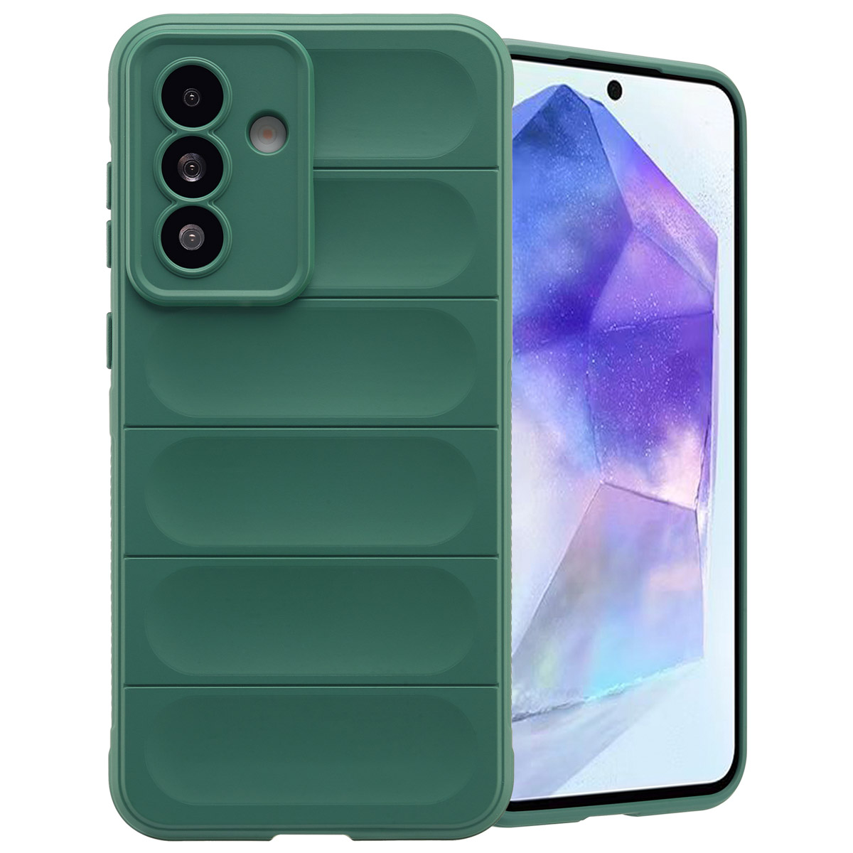 Groen telefoonhoesje met cameralensafdekking. Telefoon zit erin.