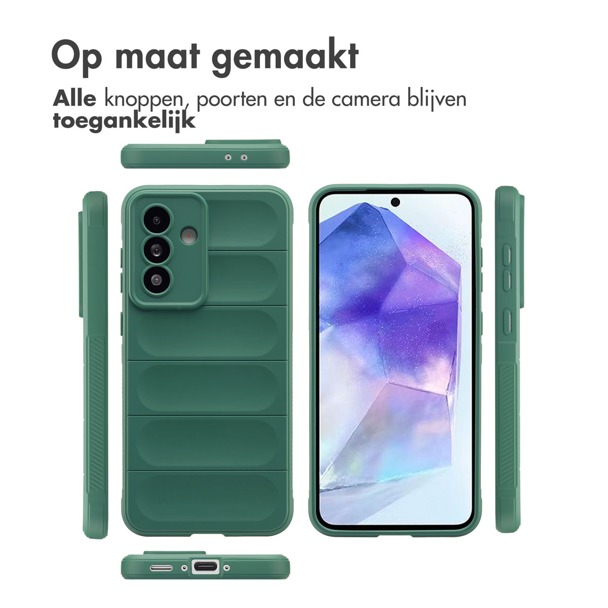 Groene telefoonhoes met textuur. De telefoon en hoes worden vanuit meerdere hoeken getoond.