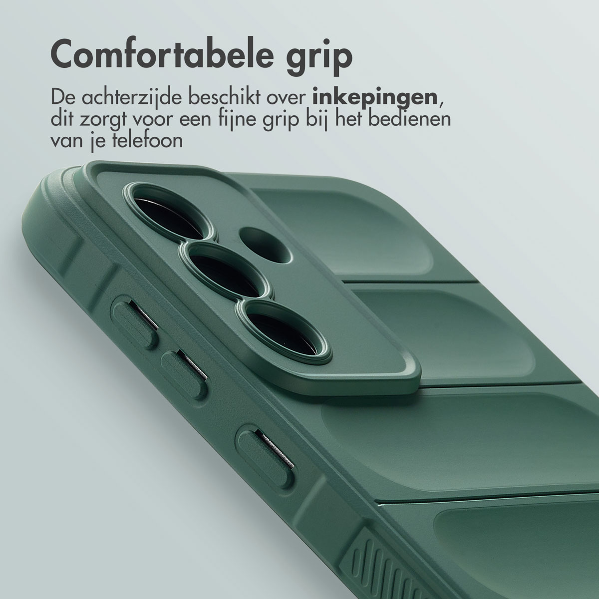 Groene telefoonhoes met een design. Close-up van de zijkant. Tekst bovenaan beschrijft de grip.