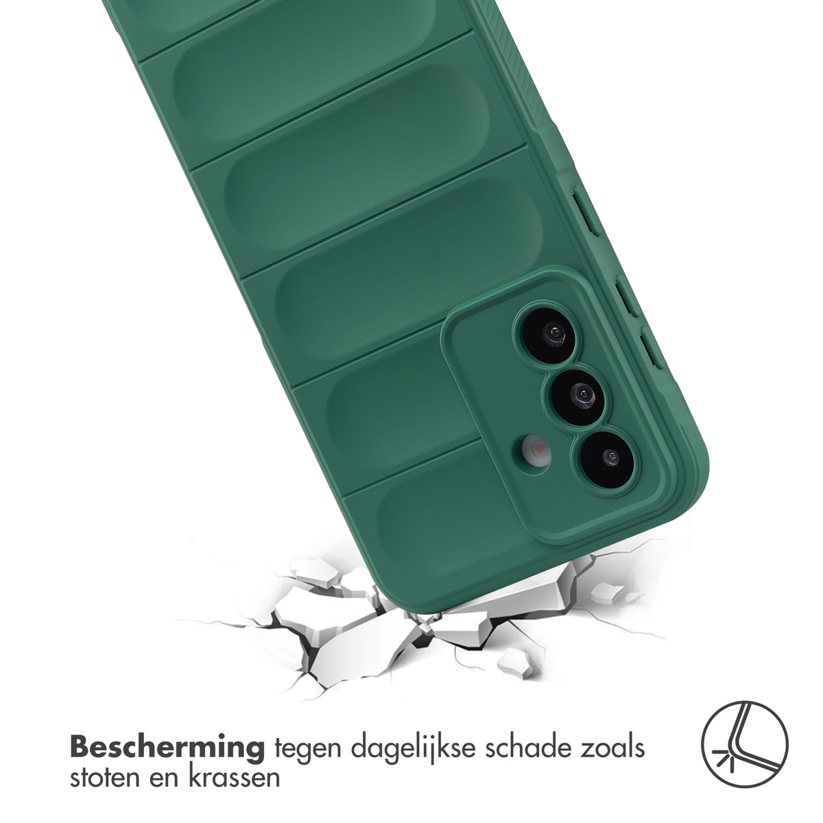 Groene telefoonhoes valt, toont impact op witte ondergrond, met scheuren.