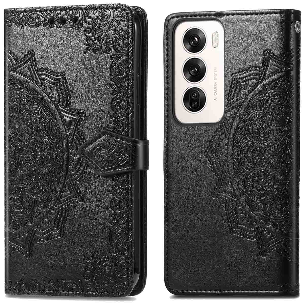 Zwarte leren telefoonhoes met een patroon. De hoes is opgevouwen en de telefoon is zichtbaar.