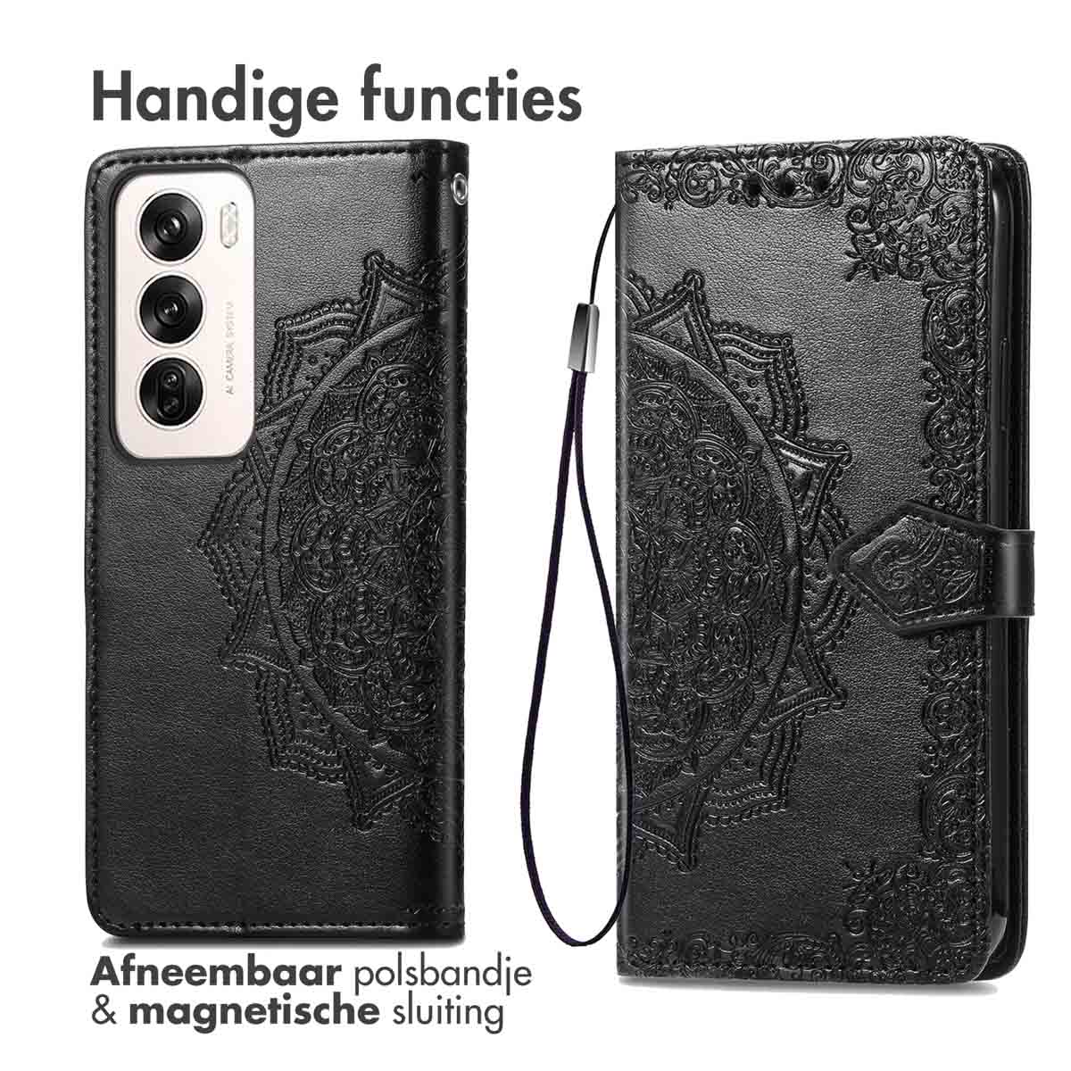 Zwarte leren telefoonhoes met mandala-ontwerp, afneembare polsband en magnetische sluiting.