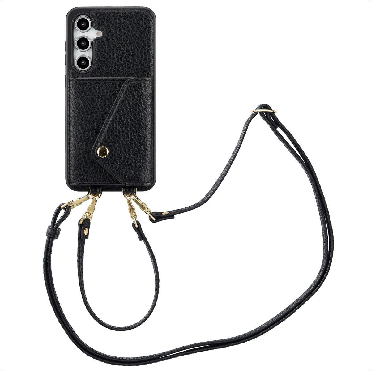 Una custodia per telefono nera con patta e cinturino. È una custodia in pelle con porta carte.
