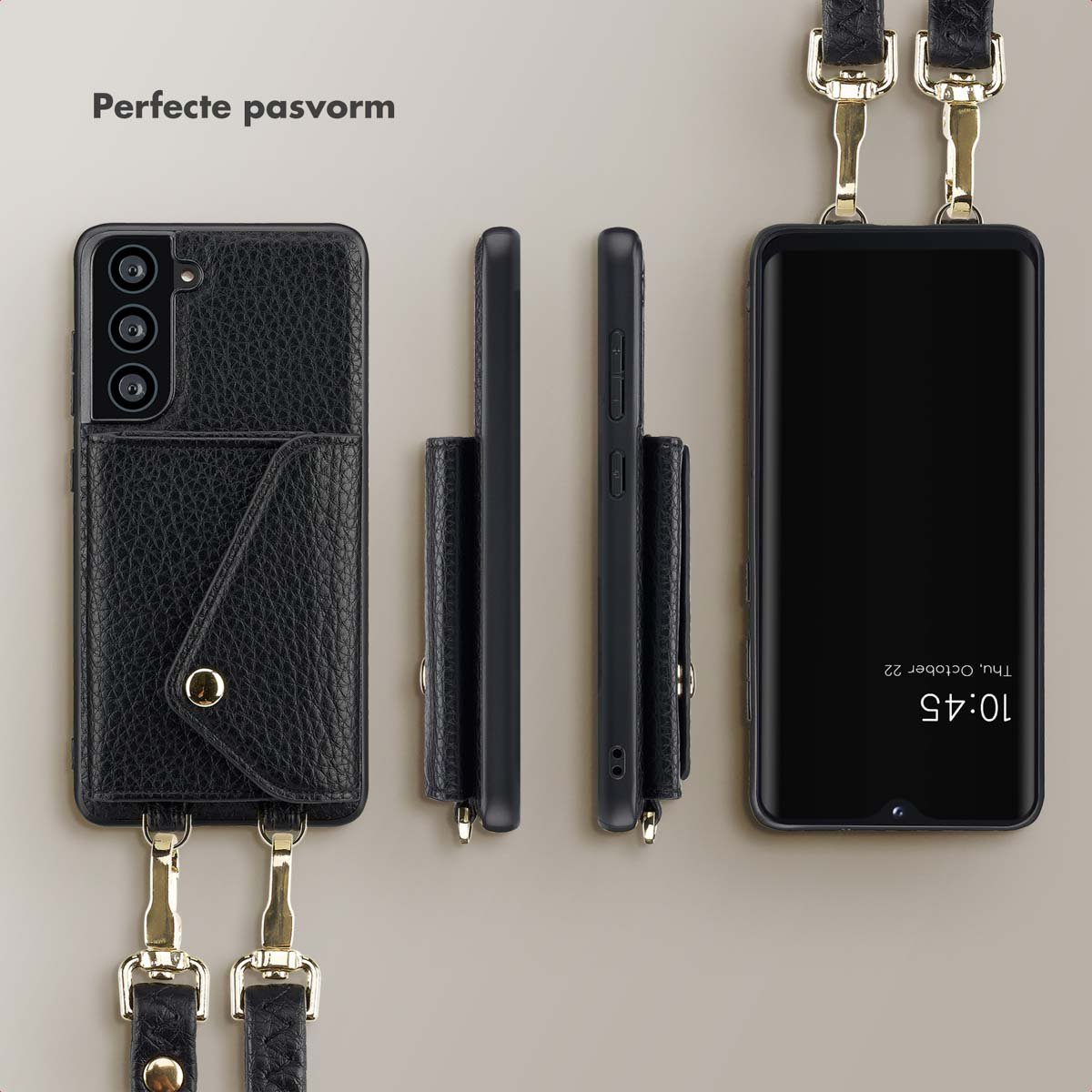 Custodia nera per telefono con cinturino e portafoglio. Vista laterale e telefono con schermo visibile. Hardware dorato.
