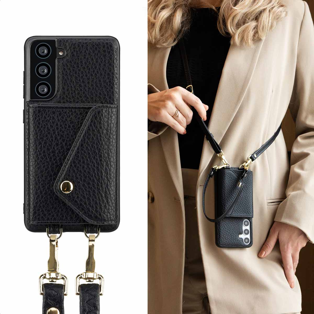 Custodia per telefono in pelle nera con cinturino. Donna con blazer tiene la custodia.