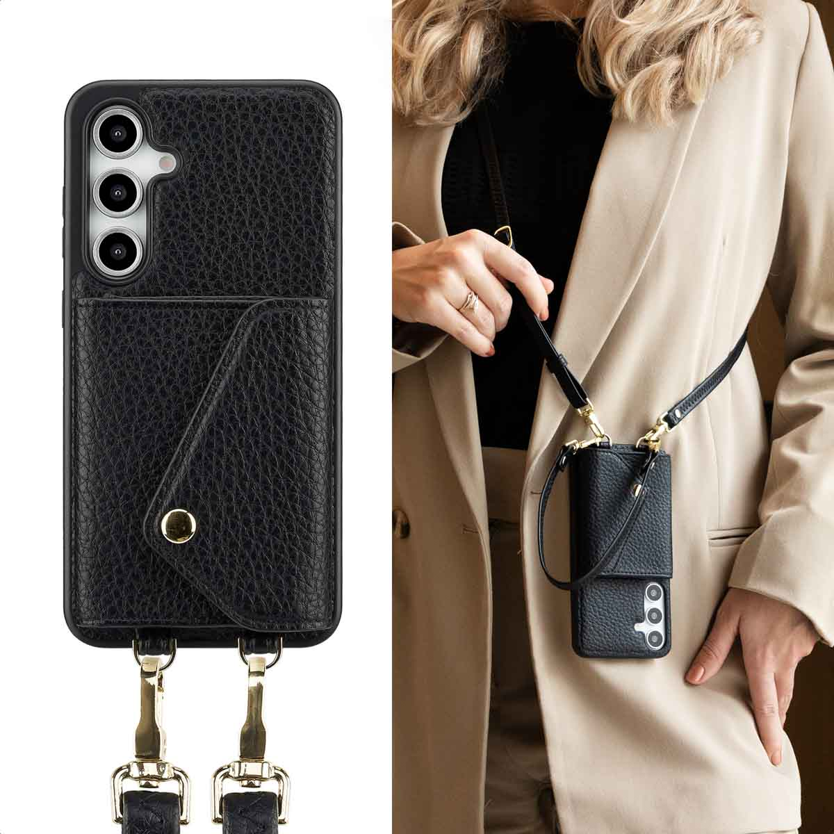 Custodia per telefono nera con portafoglio e cinturino, mostrata in mano.