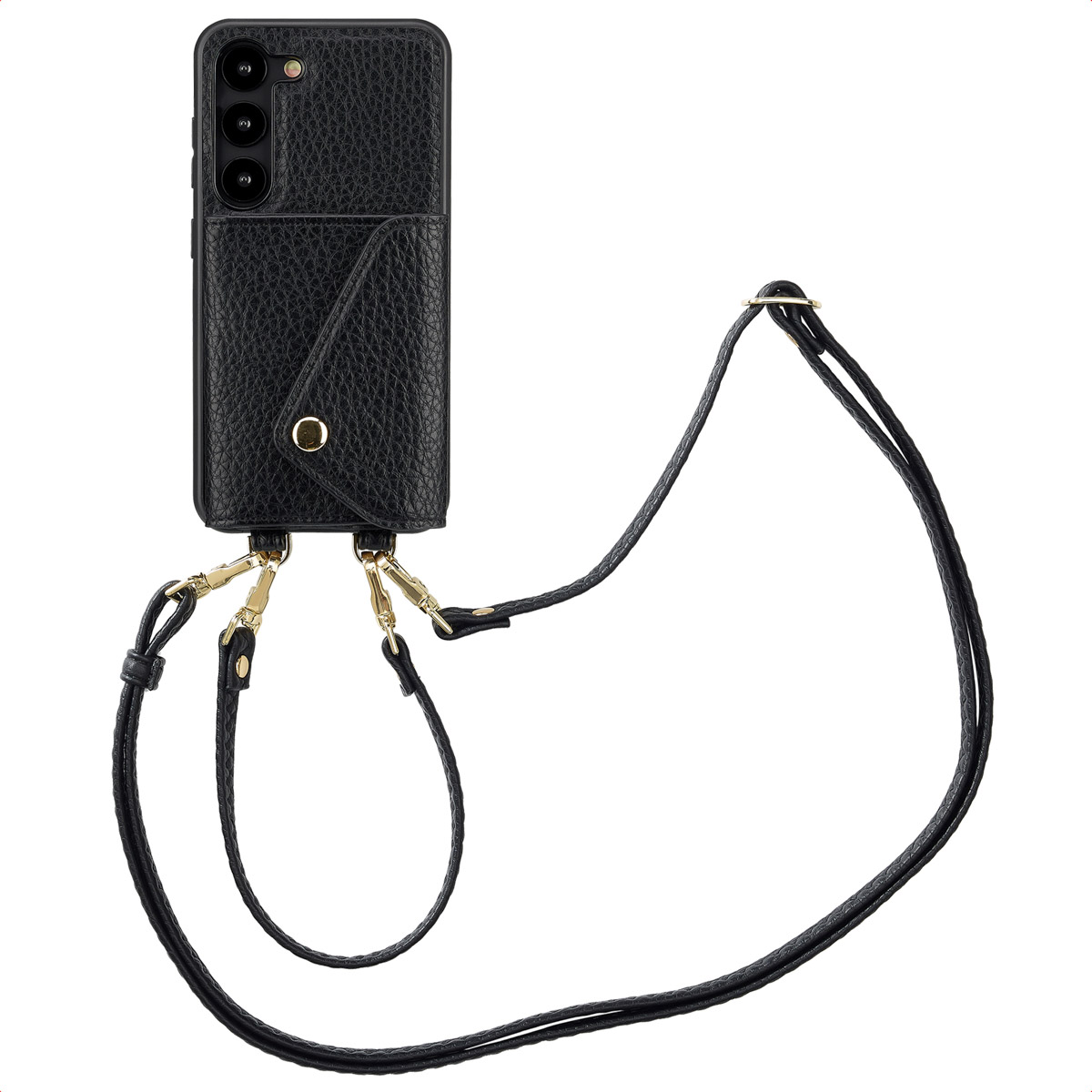 Zwart telefoonhoesje met bevestigde riem en etui. Witte achtergrond.