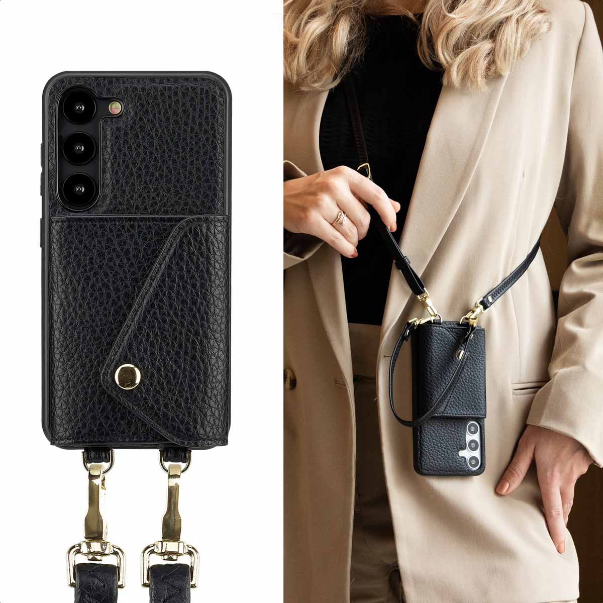 Zwarte leren telefoonhoes met zakje en gouden band, gedragen door een vrouw in een blazer.