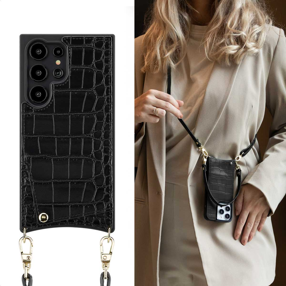Zwarte telefoonhoes met riem. Een vrouw draagt de telefoonhoes met een tas.