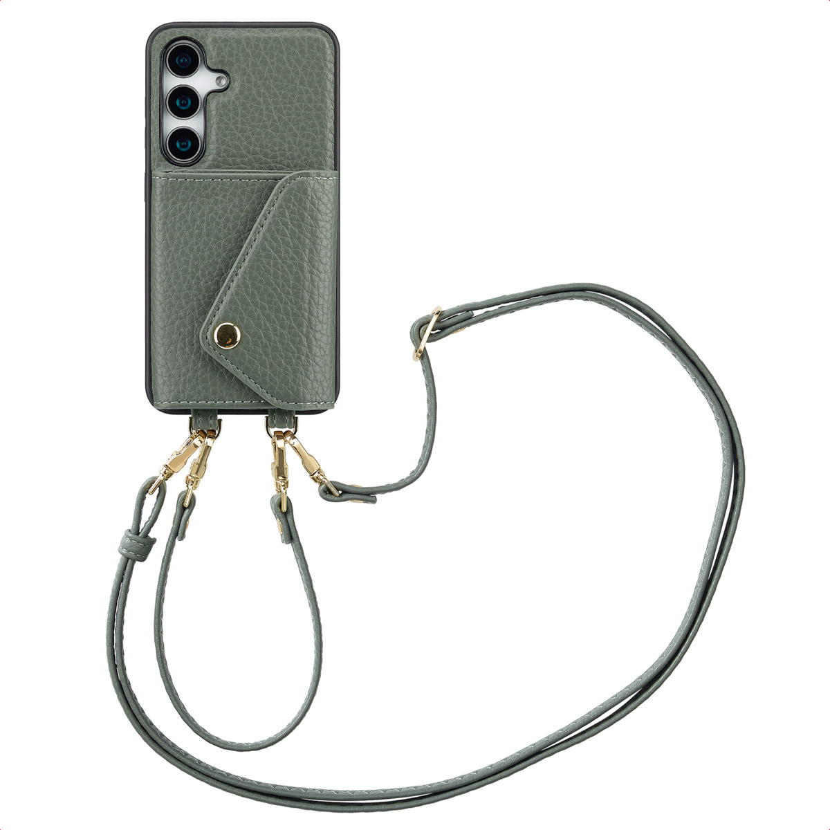 Groene telefoonhoes met een riem en een klein vakje voor kaarten. De riem is groen.