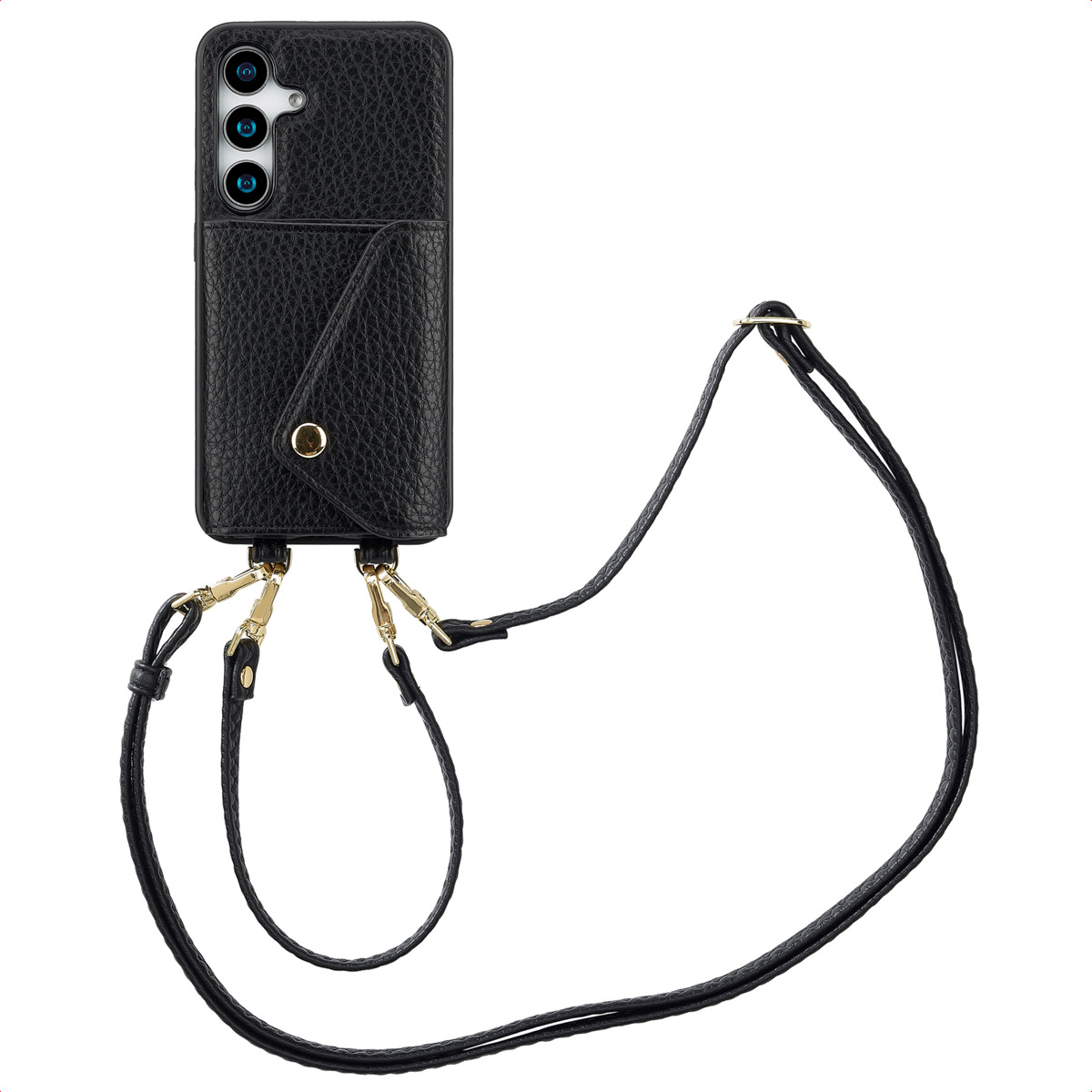 Coque de téléphone noire avec une sangle et une poche pour cartes. La sangle est noire.