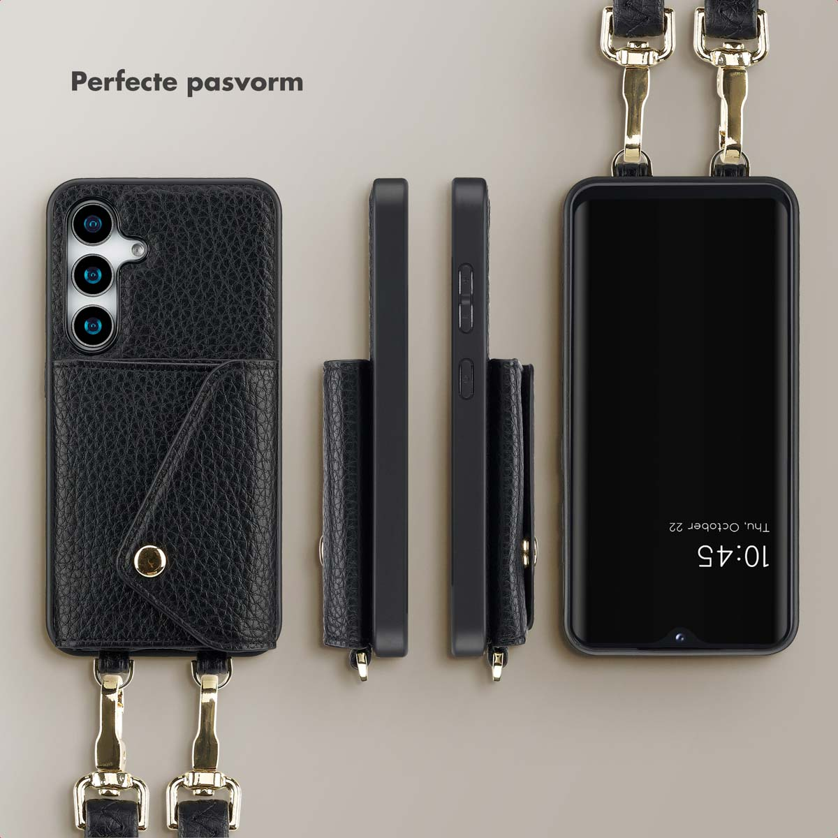 Coque de téléphone noire avec portefeuille et sangle. Trois téléphones et coques sont affichés. Fond neutre.