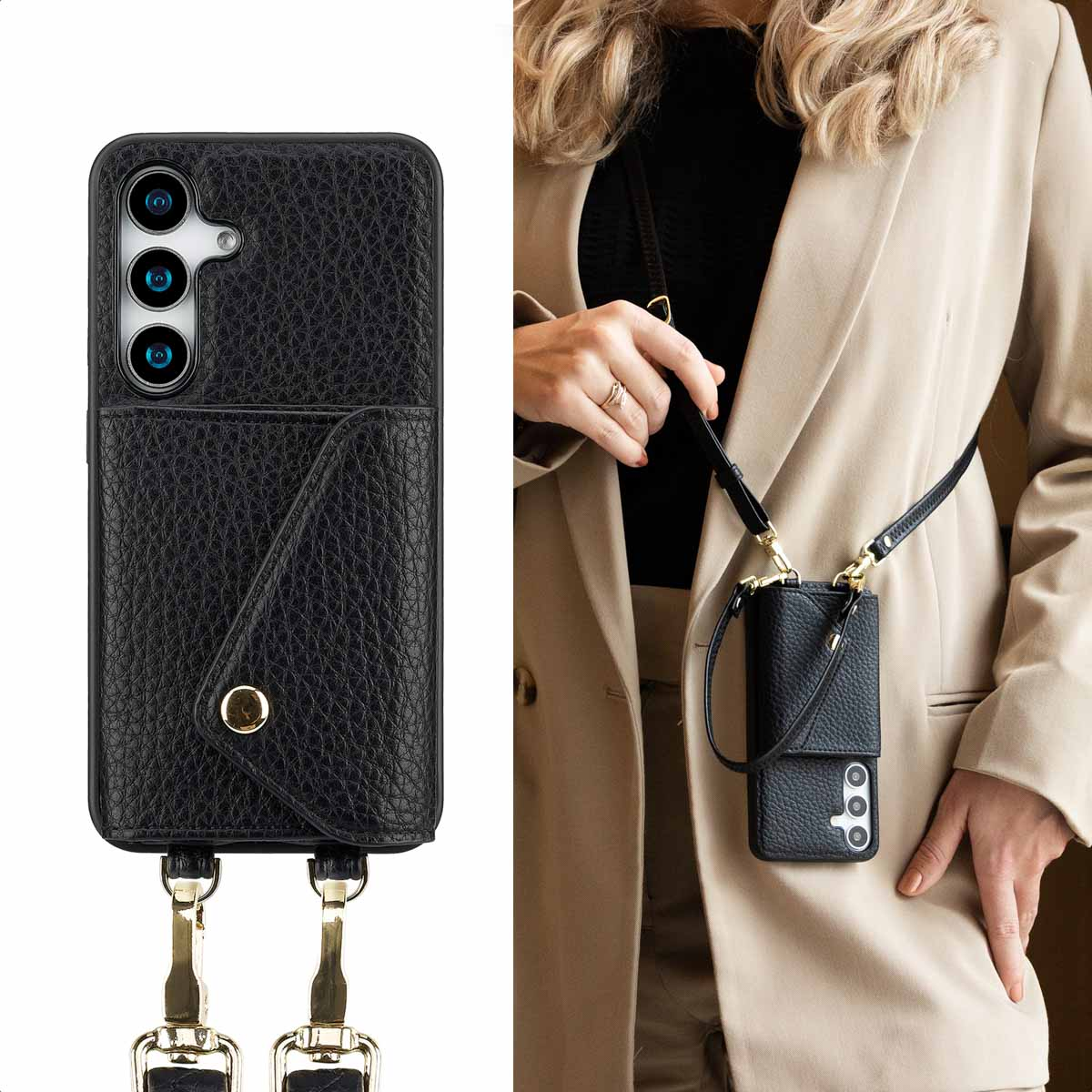 Étui de téléphone en cuir noir avec sangle. Femme en blazer tient l'étui.