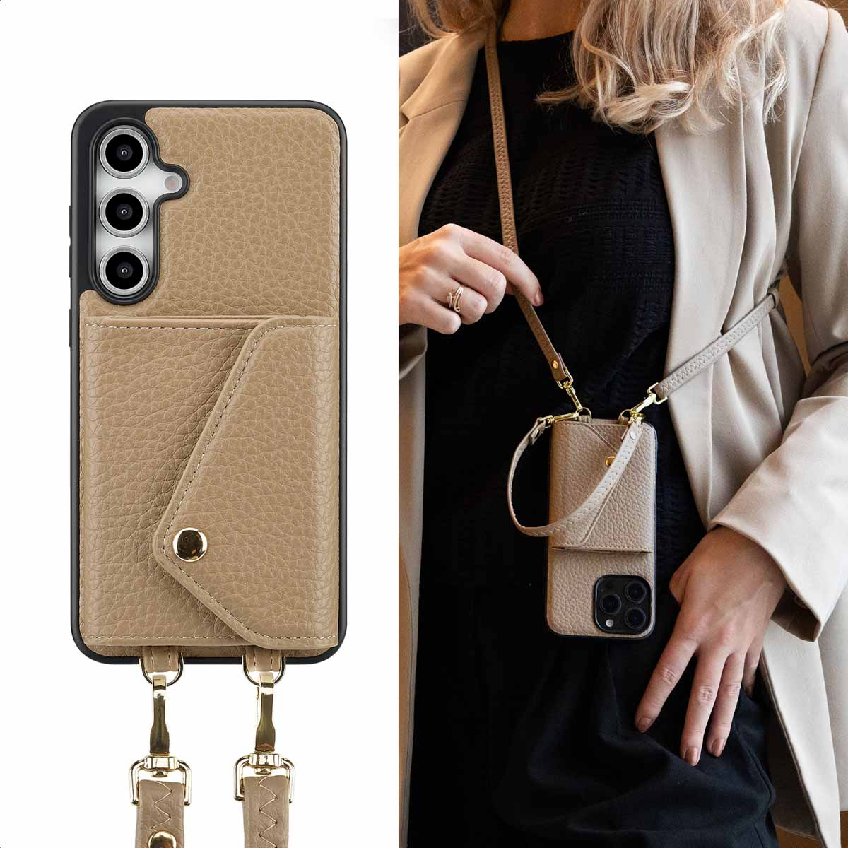 Custodia con portafoglio e cinturino. Una donna indossa una custodia sul corpo.