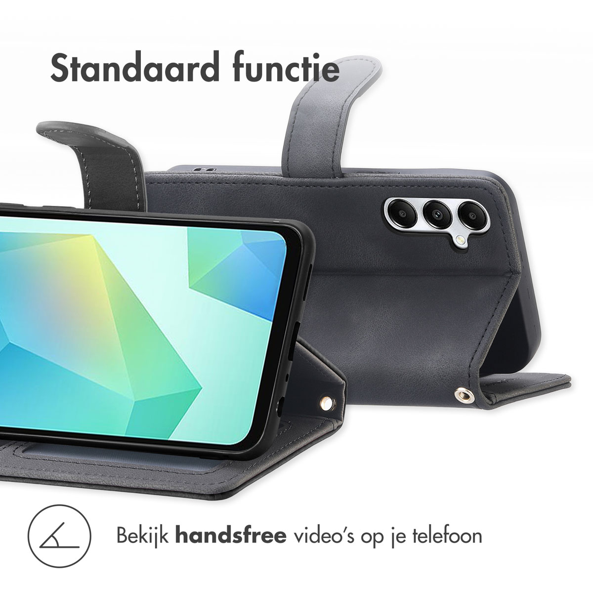 Telefoonhoesje met standfunctie, met een telefoon in open positie.