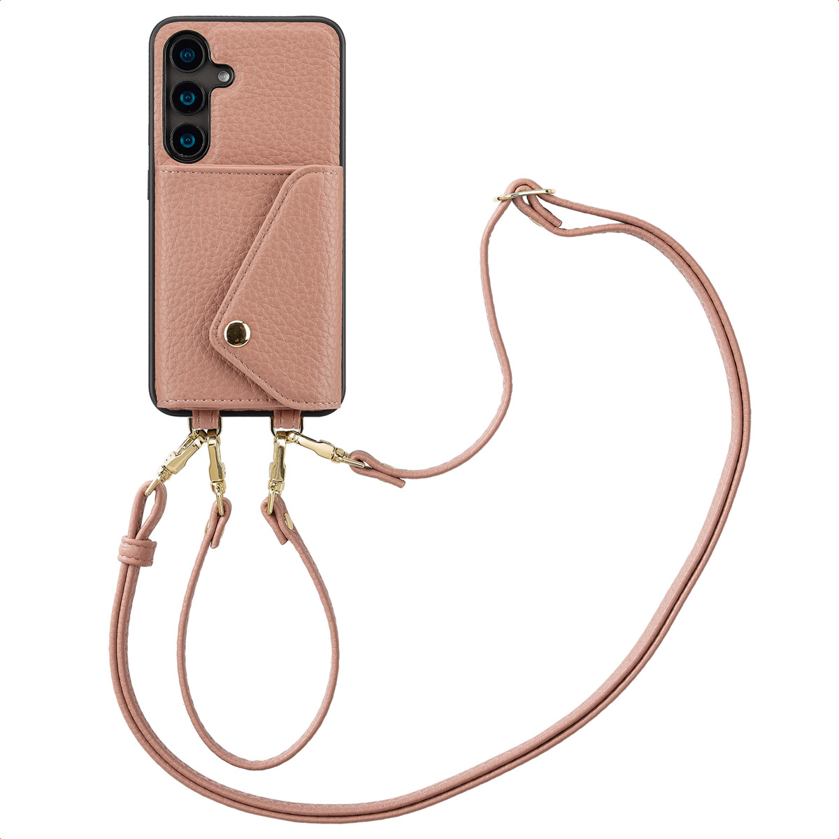 Roze telefoonhoesje met een riem. De hoes heeft een zak en een gouden knoop. Witte achtergrond.