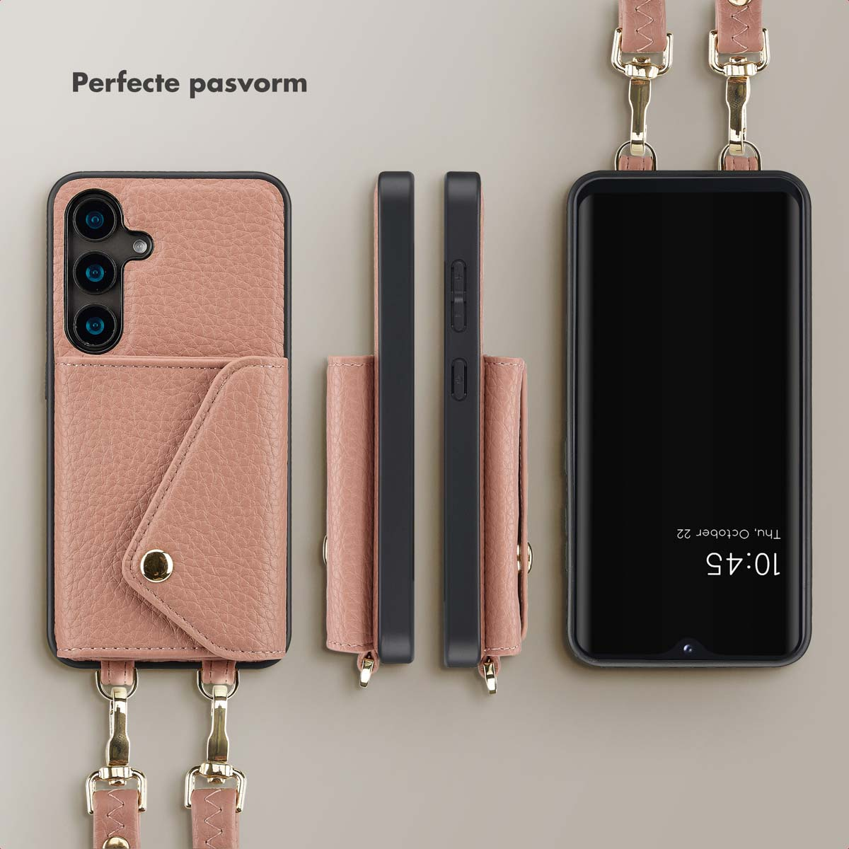 Roze telefoonhoesje met zakje, riem en telefoon. Drie weergaven. Tekst bovenaan.