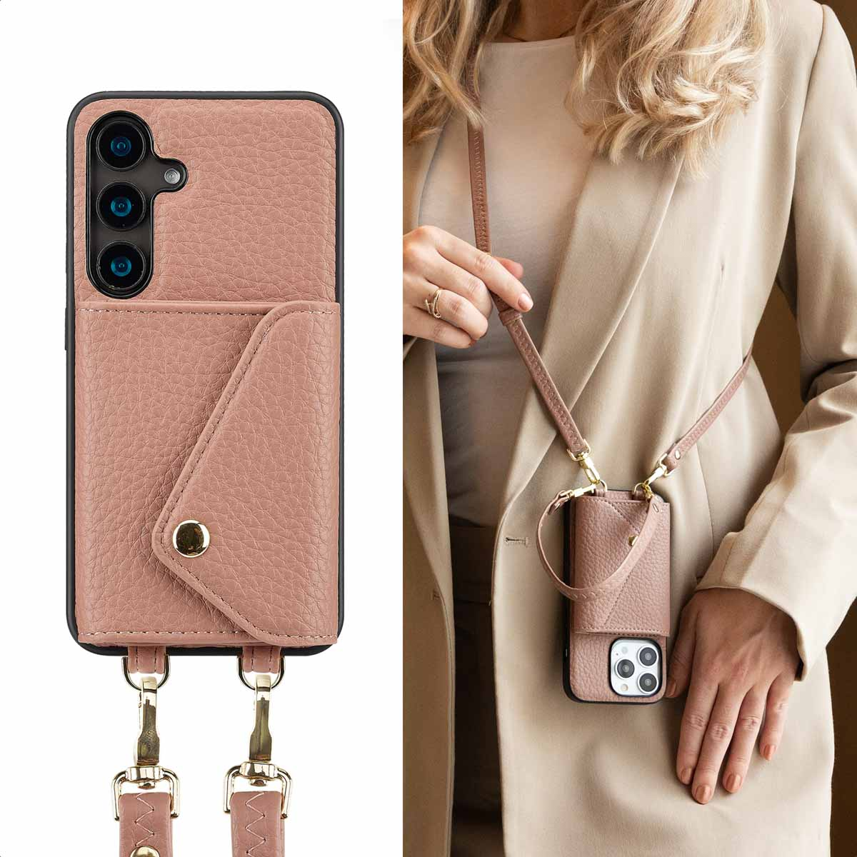Roze leren telefoonhoes met riem. Vrouw met blazer houdt de hoes vast.