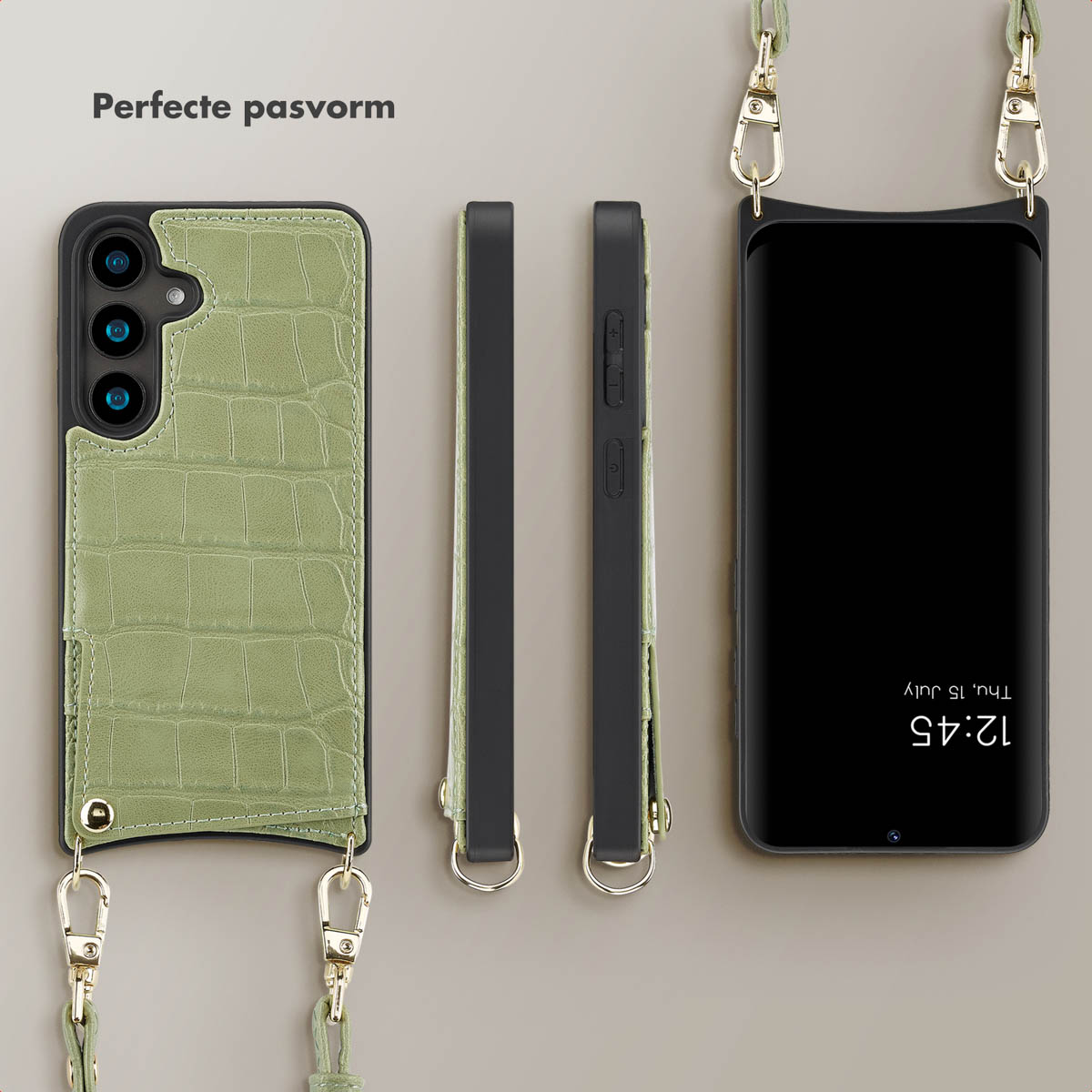 Groene telefoonhoes, krokodillenpatroon, met riem en drie weergaven: hoes, zijkant en telefoon.