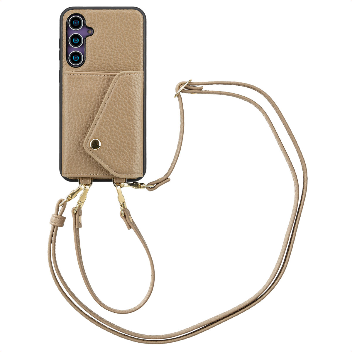 Tan telefoonhoesje met bevestigde riem en etui. Witte achtergrond.