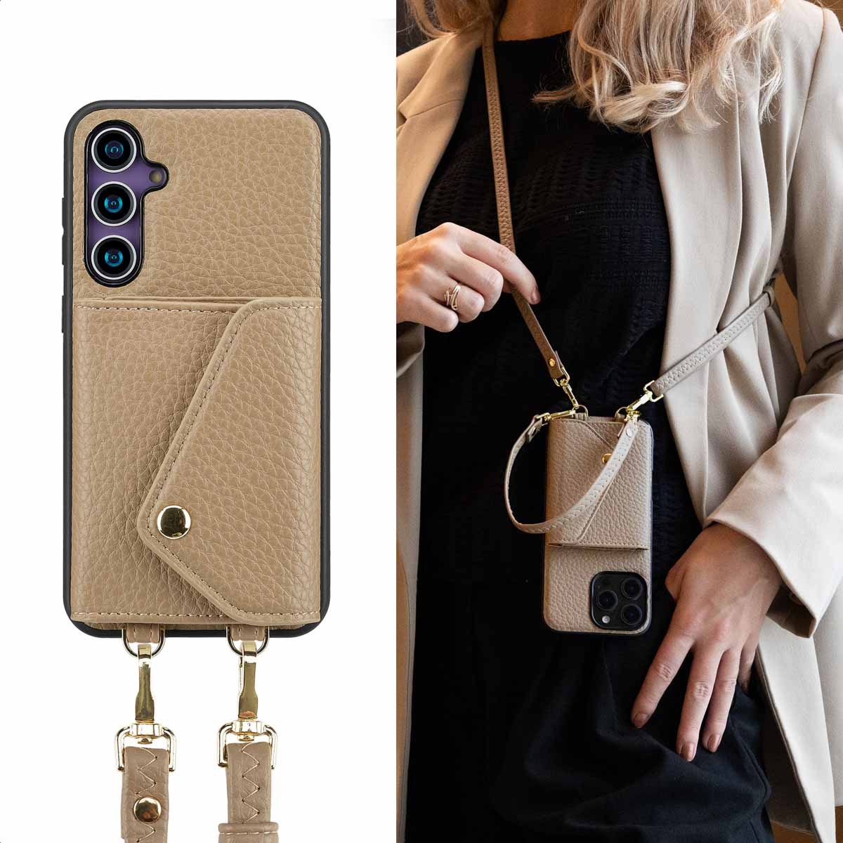 Een vrouw die een beige telefoonhoesje draagt met een kaarthouder en een riem.