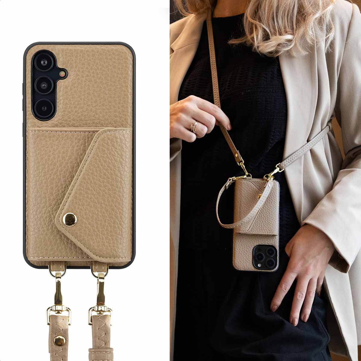 Tan telefoonhoes met portemonnee en riem. Vrouw draagt de hoes crossbody. Beige jas.