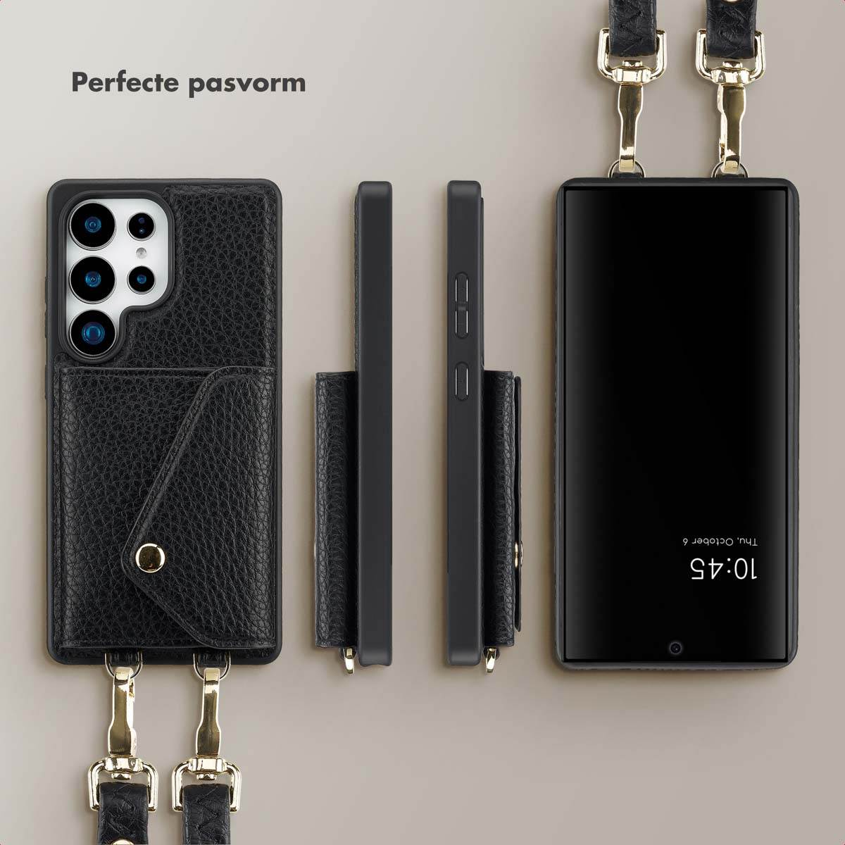 Zwarte telefoonhoes met een portemonnee, die de telefoon vanuit verschillende hoeken toont.