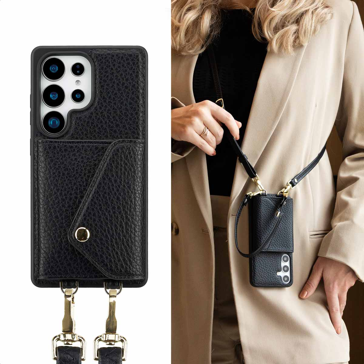 Zwarte telefoonhoes met riem. Vrouw met blazer. De hoes heeft een vakje.