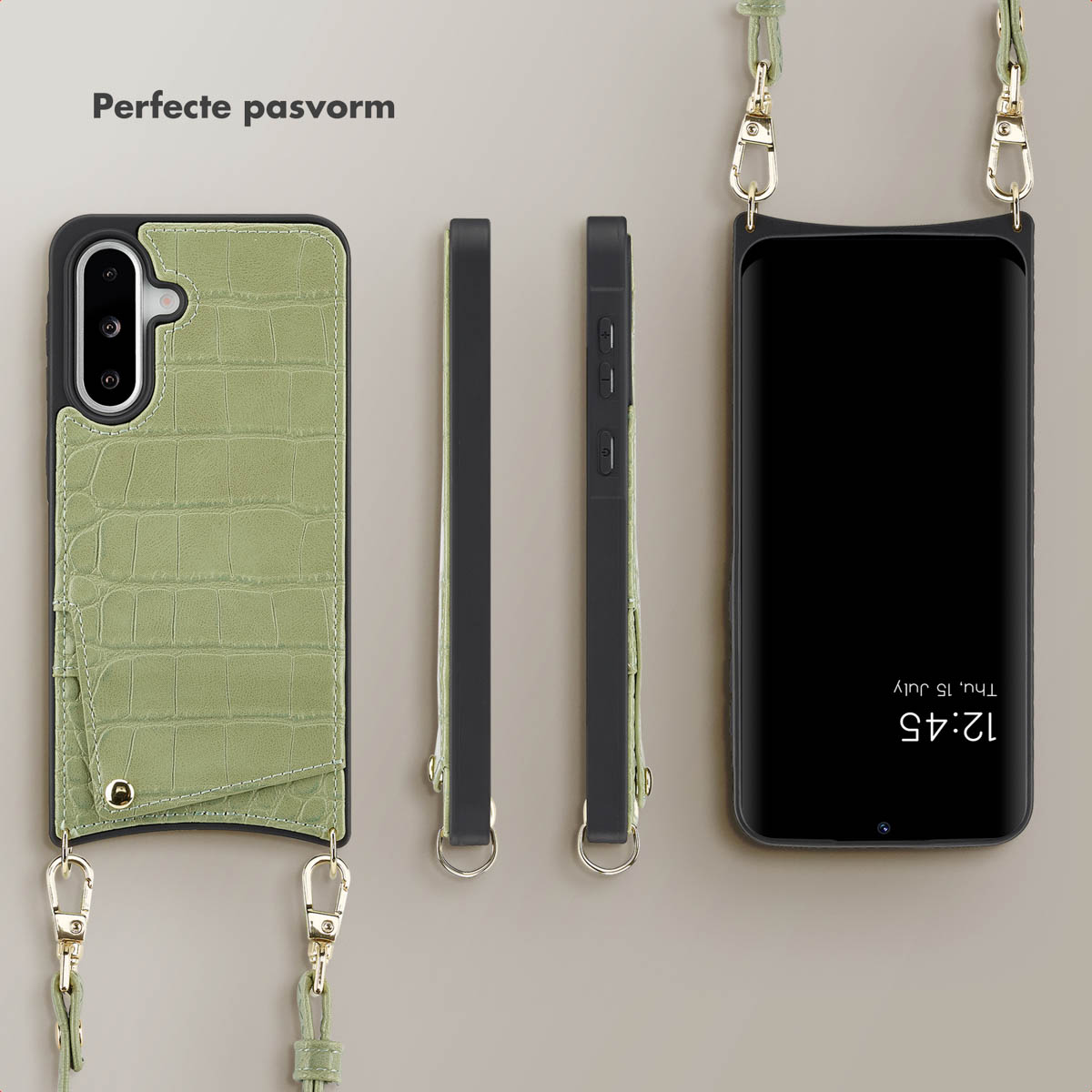 Coque de téléphone et pièces de téléphone, avec une texture de crocodile verte. Le téléphone est à droite avec l'heure. Sangle et clips.