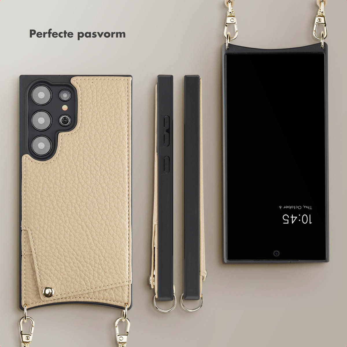 Coque de téléphone avec sangle et téléphone. Le téléphone affiche l'heure et la date. Coque beige, téléphone noir, fond gris.