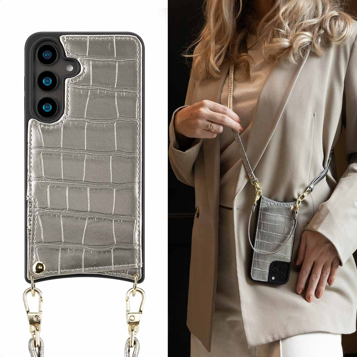 SELENCIA Nova Croco Backcover met koord en pashouder - Geschikt voor Samsung Galaxy S24 - Telefoonhoesje voor Samsung Samsung Galaxy S24 Zilver