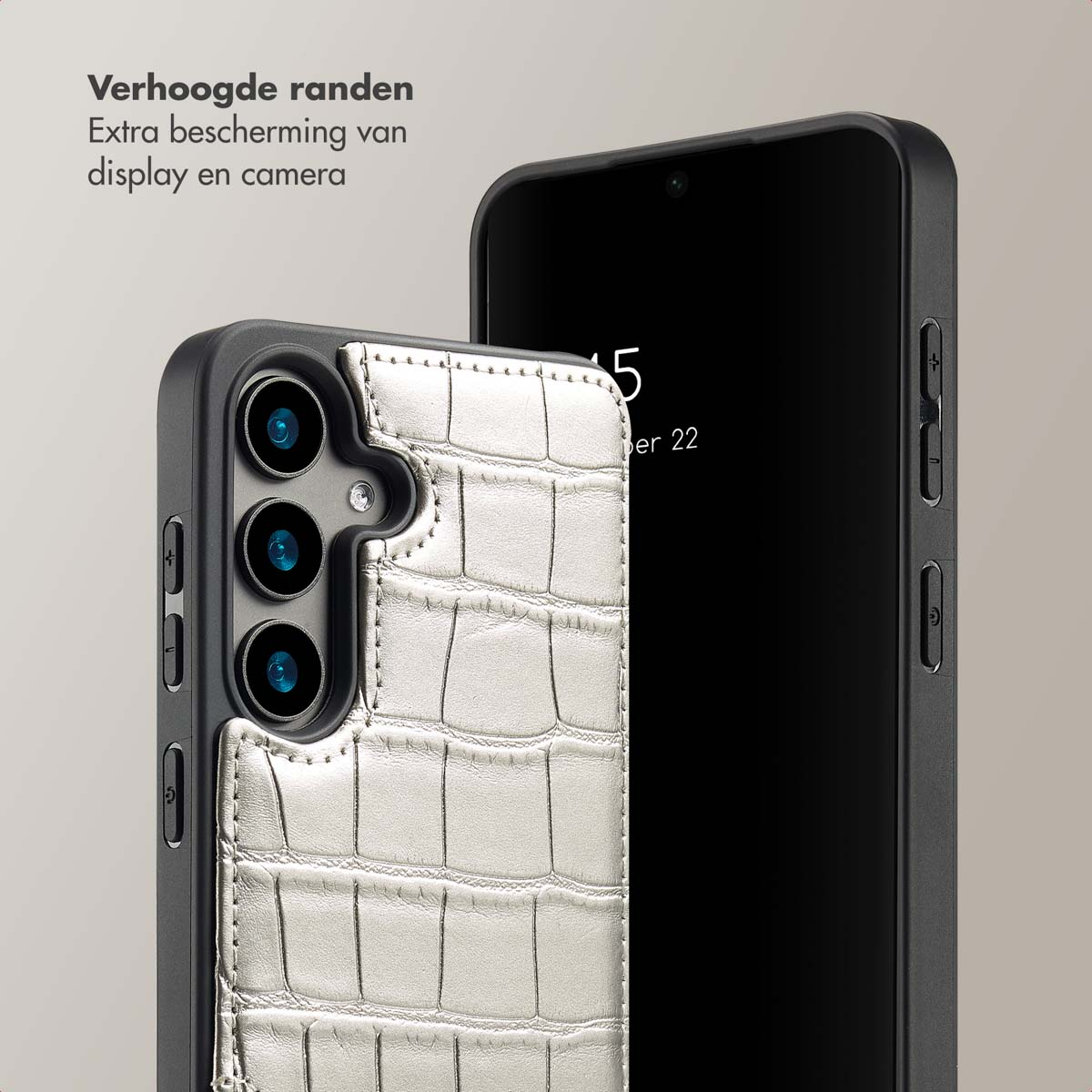 SELENCIA Nova Croco Backcover met koord en pashouder - Geschikt voor Samsung Galaxy S24 - Telefoonhoesje voor Samsung Samsung Galaxy S24 Zilver