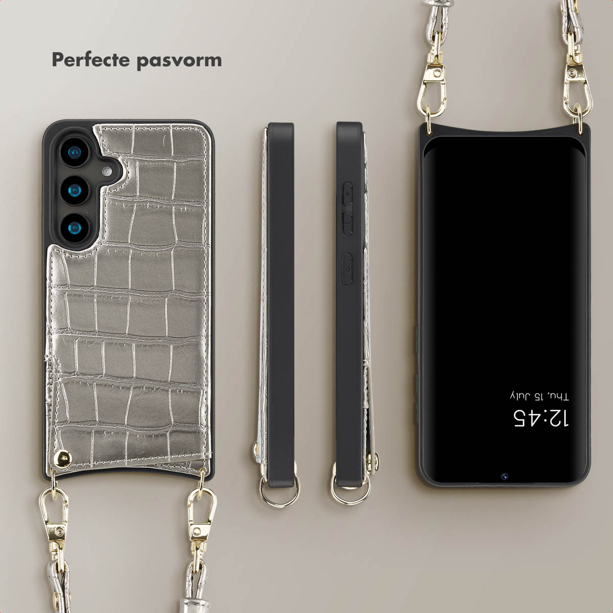 SELENCIA Nova Croco Backcover met koord en pashouder - Geschikt voor Samsung Galaxy S24 - Telefoonhoesje voor Samsung Samsung Galaxy S24 Zilver