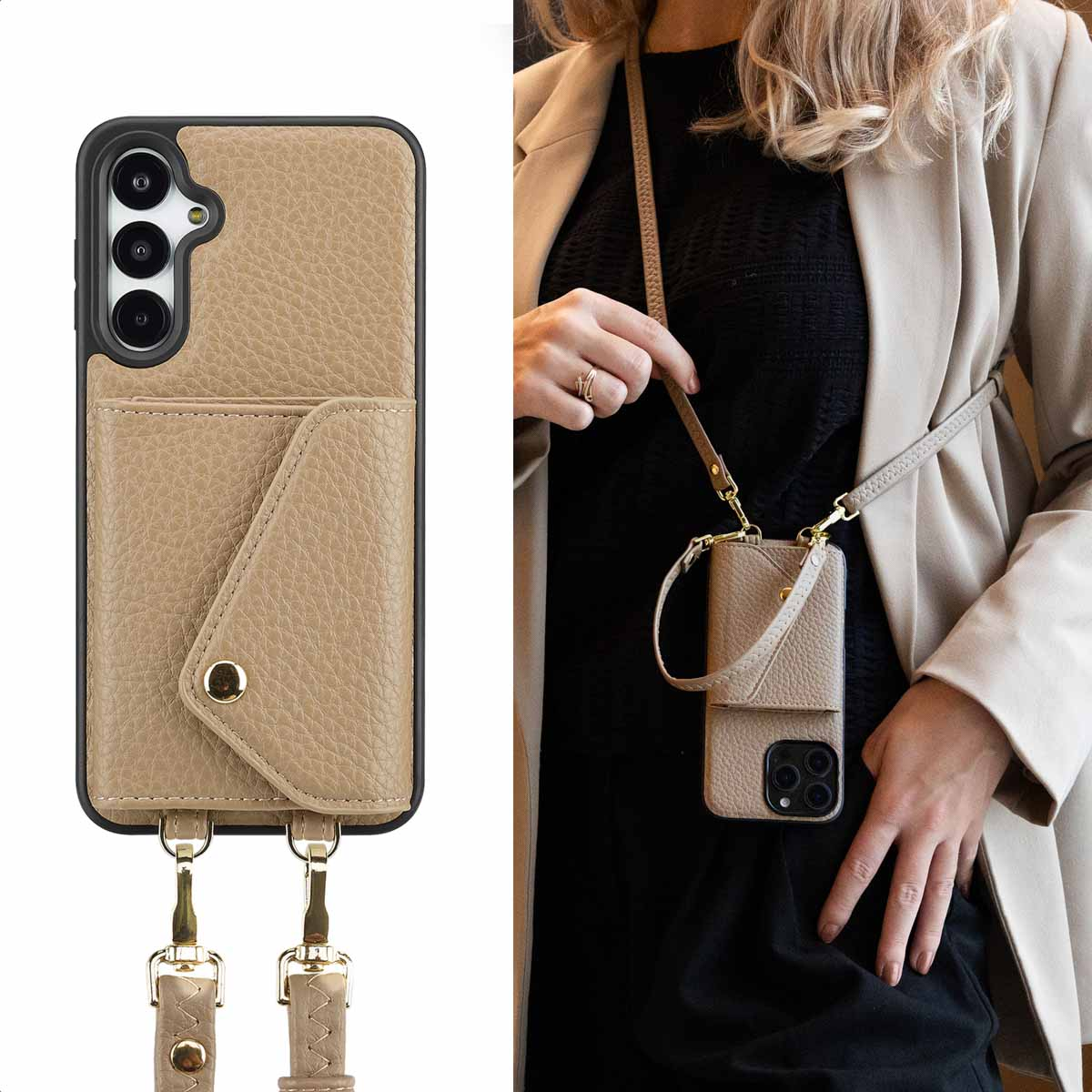 Donna che tiene in mano una custodia beige per telefono con cinturino e portafoglio. Telefono visibile. Hardware dorato.